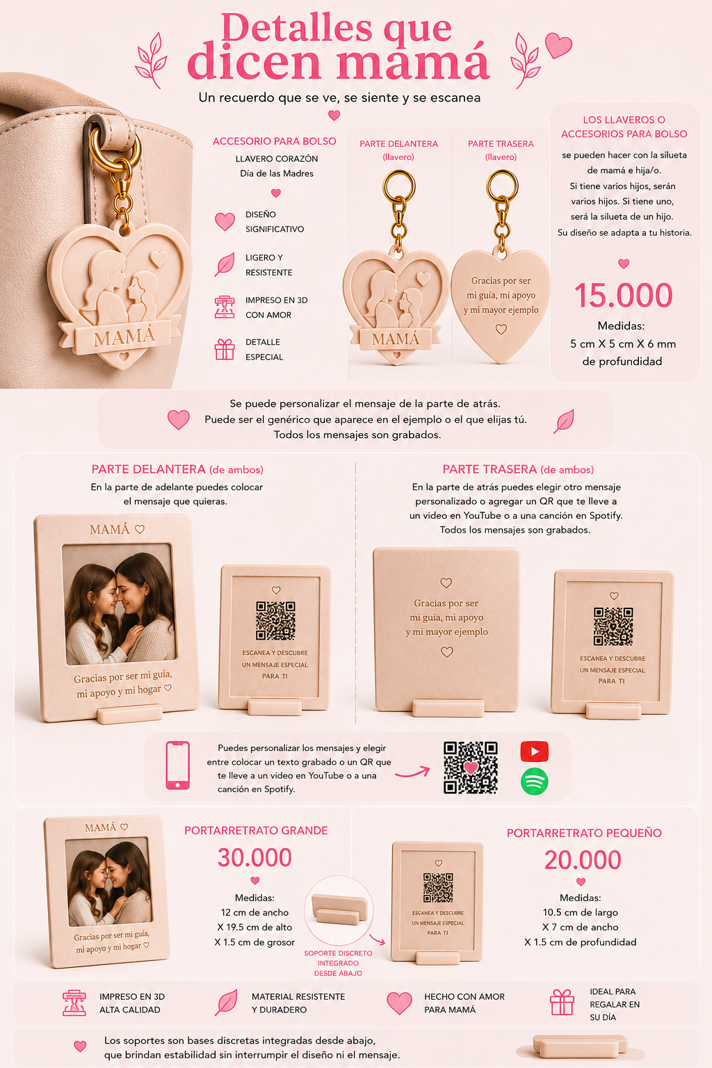 Colección Día de las Madres: llavero corazón MAMÁ y portarretratos personalizables con QR